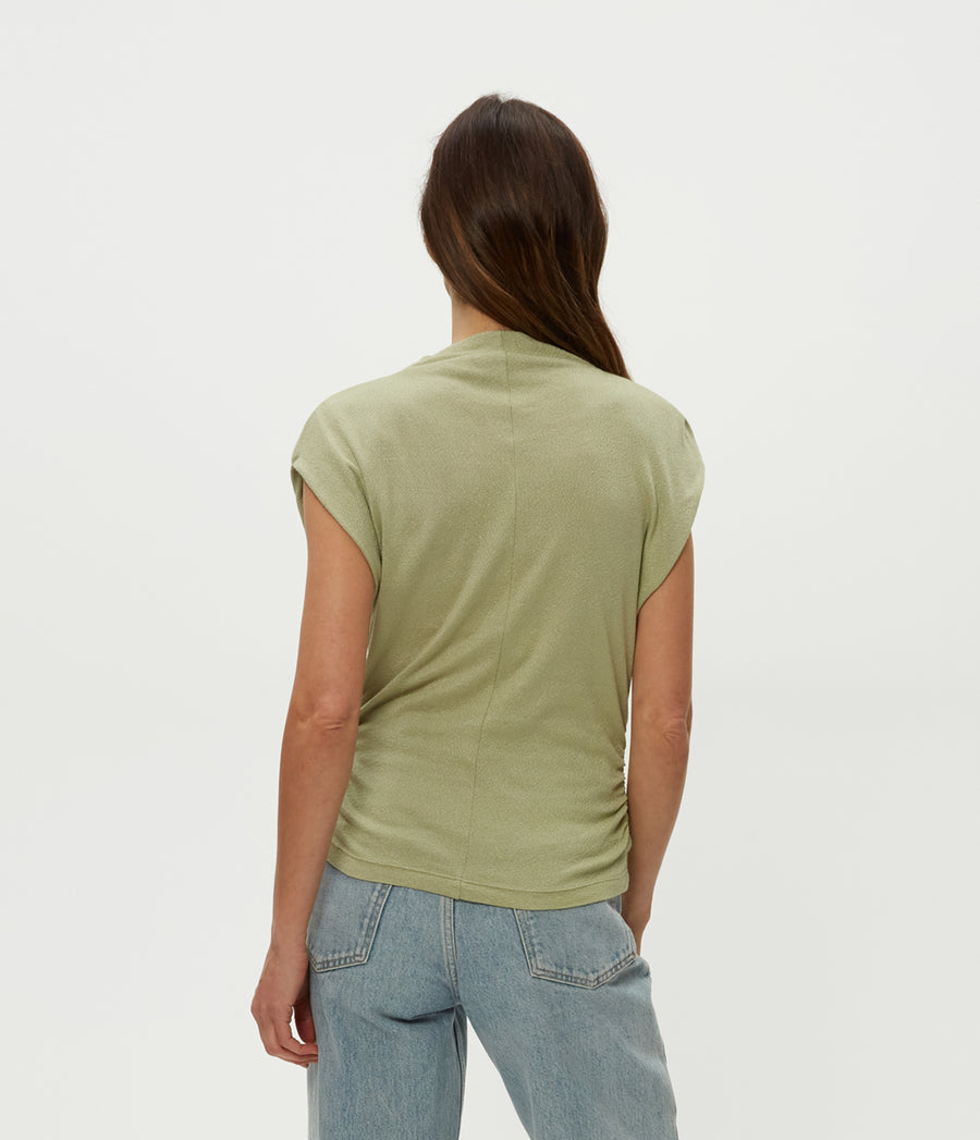 Reese Shine Power Shoulder Top in Linden Green Back View #LINDEN