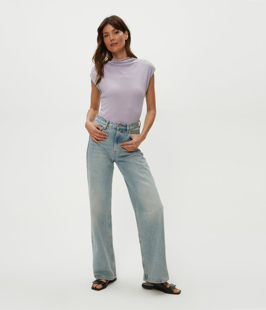 Reese Shine Power Shoulder Top in Sweet Lilac Purple Full Body View #SWEET LILAC