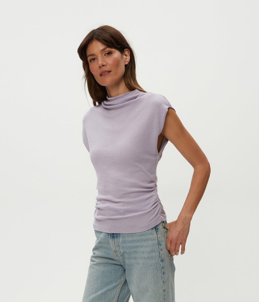 Reese Shine Power Shoulder Top in Sweet Lilac Purple Side View #SWEET LILAC