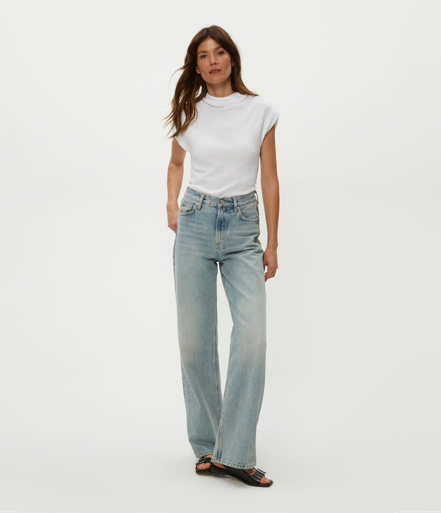 Reese Shine Power Shoulder Top in White  Full Body View #WHITE