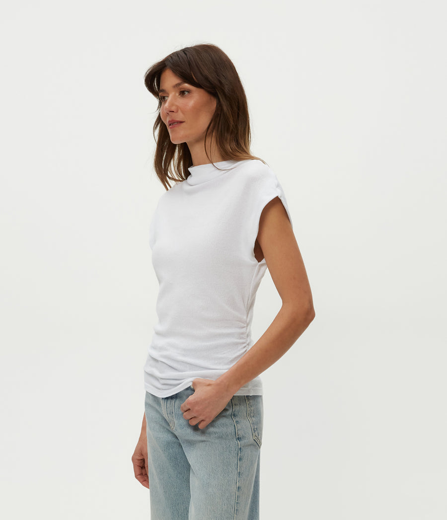 Reese Shine Power Shoulder Top in White  Side View #WHITE