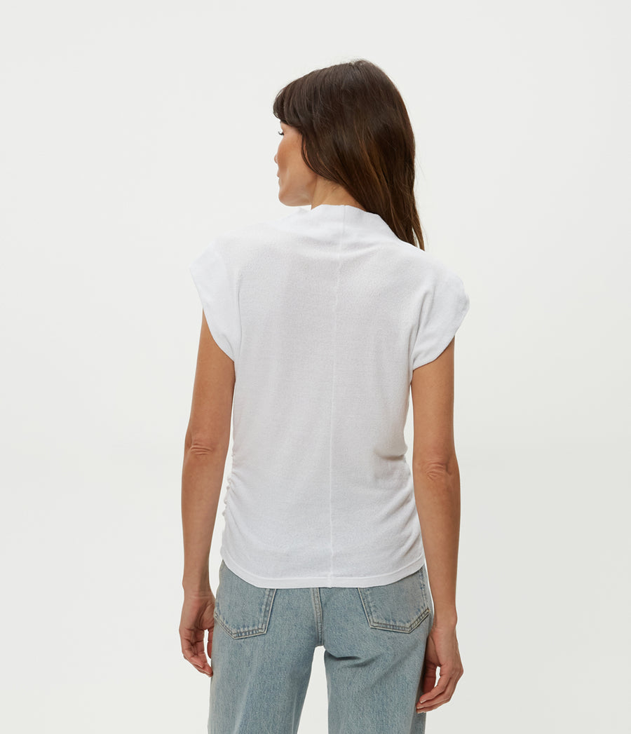 Reese Shine Power Shoulder Top in White  Back View #WHITE