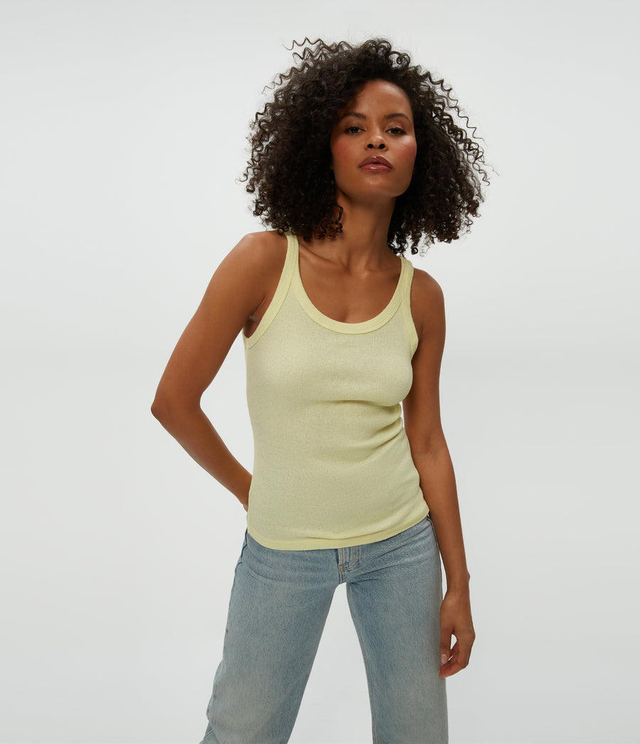 Nicole Wide Crew Tank in Lemonade Yellow Close Up View #LEMONADE