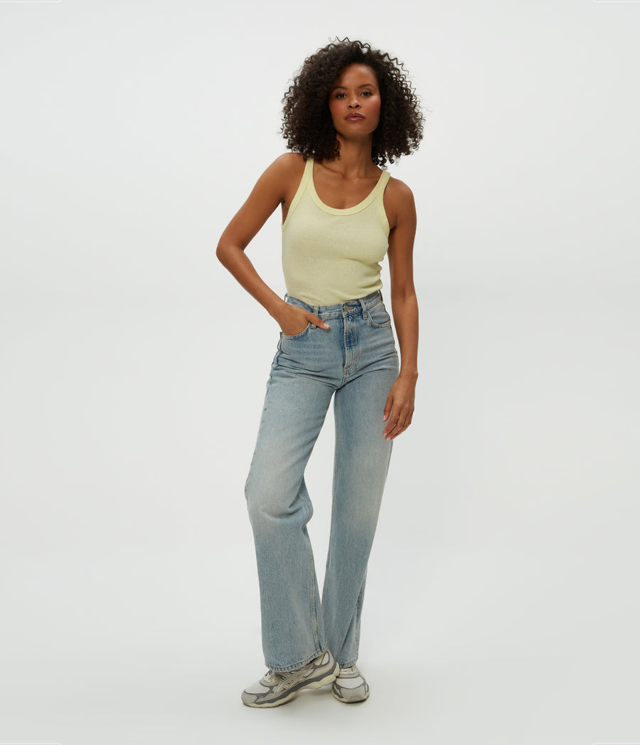 Nicole Wide Crew Tank in Lemonade Yellow Full Body View #LEMONADE