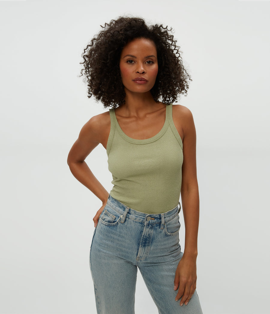 Nicole Wide Crew Tank in Linden Green Close Up View #LINDEN