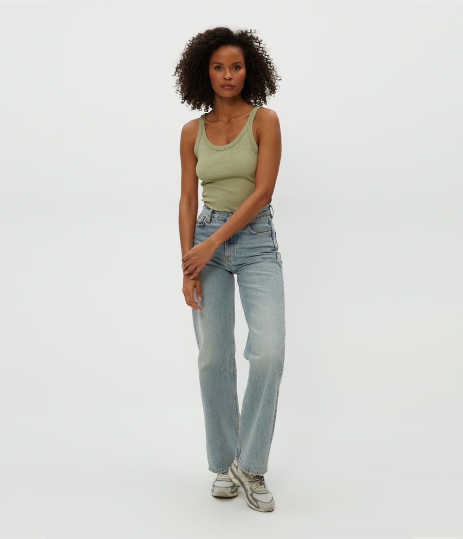 Nicole Wide Crew Tank in Linden Green Full Body View #LINDEN