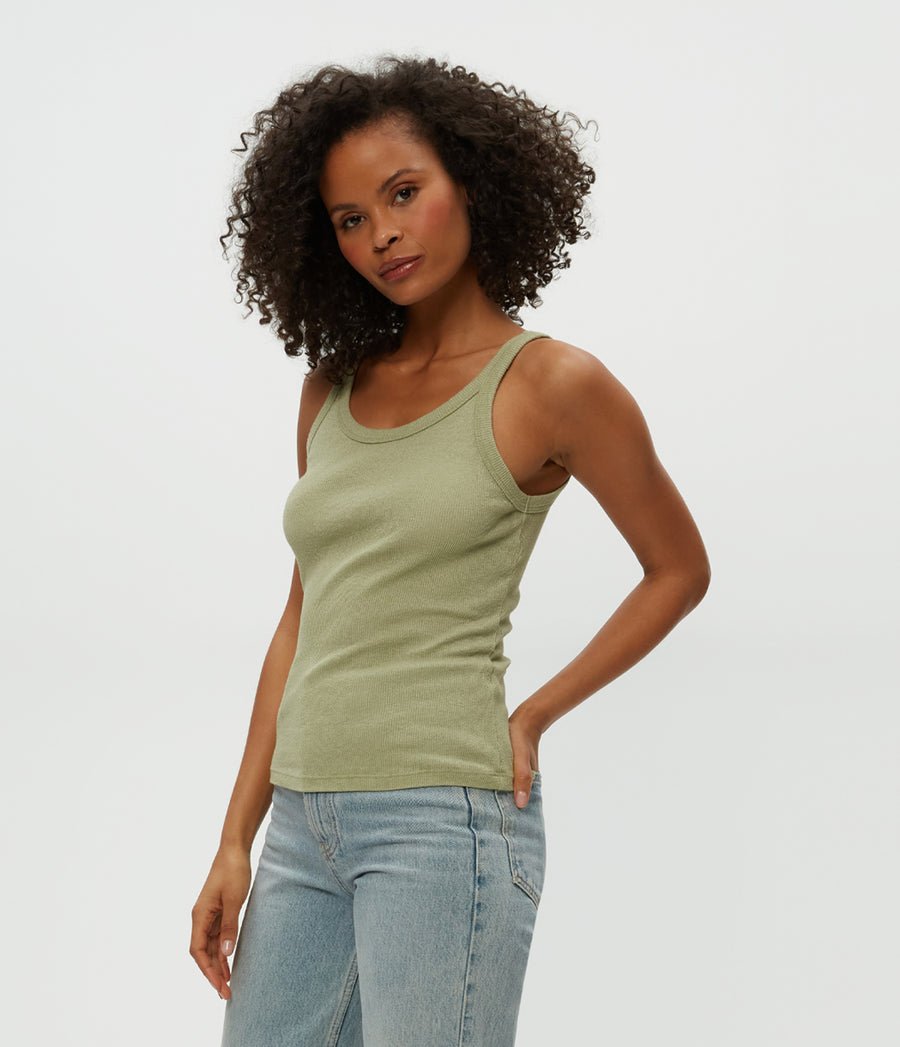 Nicole Wide Crew Tank in Linden Green Side View #LINDEN