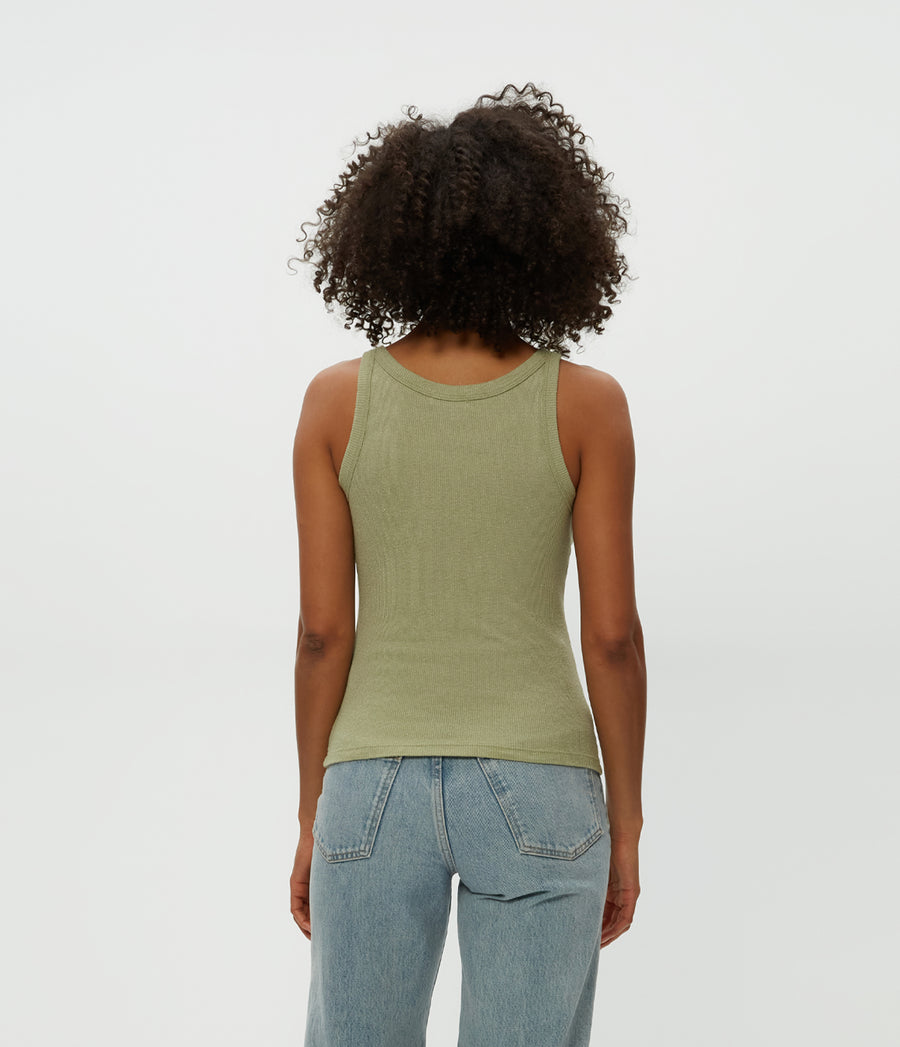 Nicole Wide Crew Tank in Linden Green Back View #LINDEN