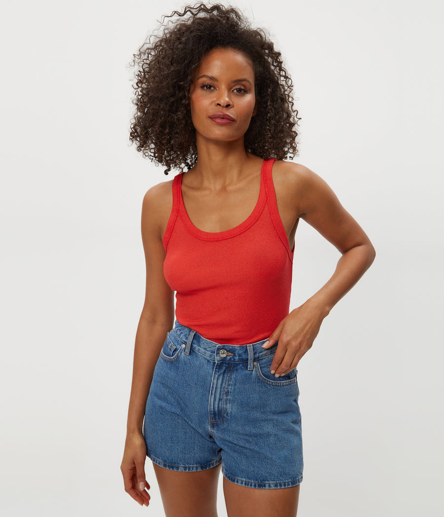 Nicole Shine Tank in Pomodoro Red Close up View #POMODORO
