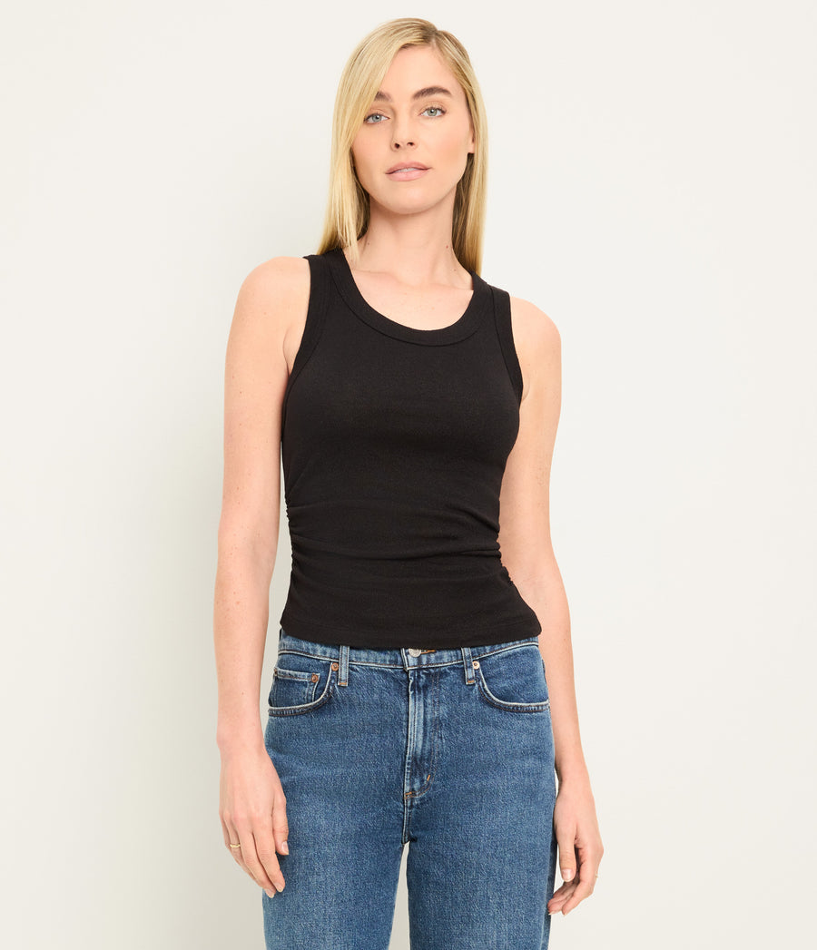 Ella Shine Tank in Black Close up View #BLACK