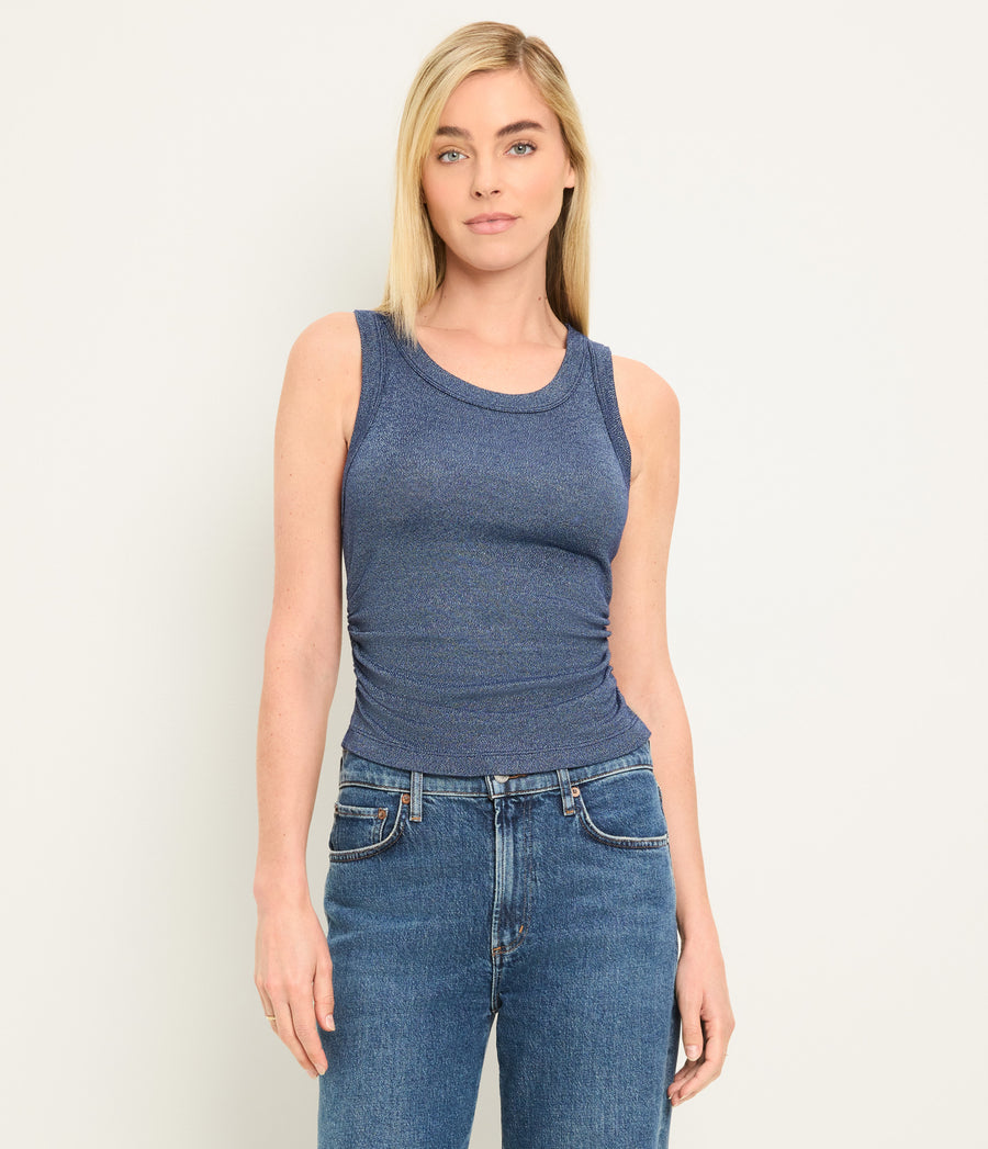 Ella Shine Tank in Nocturnal Blue Close up View  #NOCTURNAL