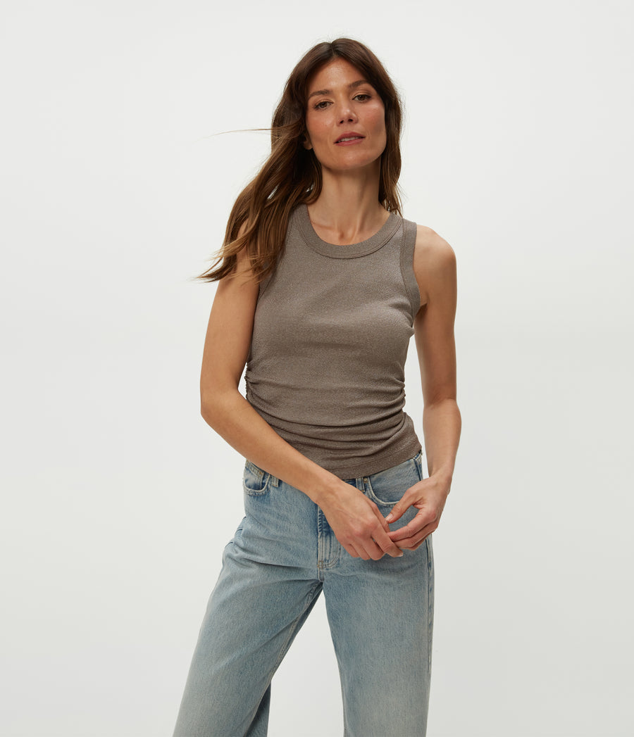 Ella Shine Tank in Cobblestone  Close Up View #COBBLESTONE