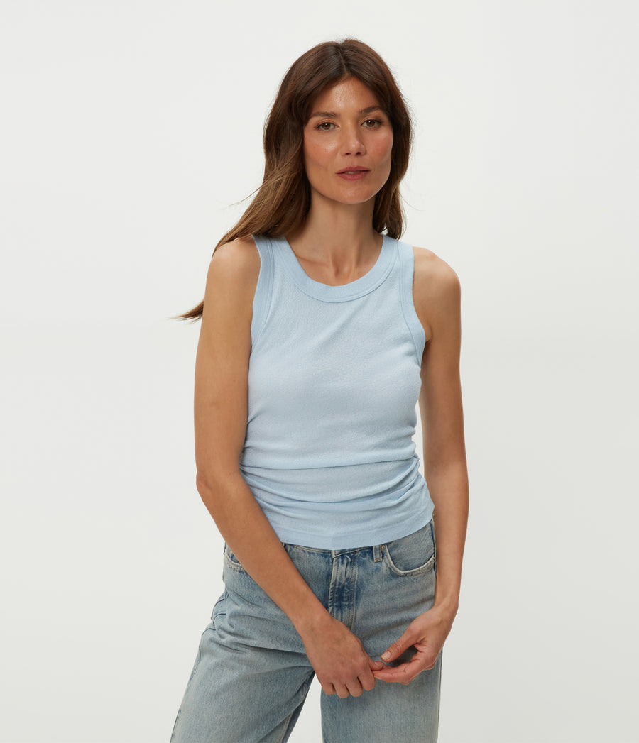 Ella Shine Tank in Fountain Blue Close Up View #FOUNTAIN