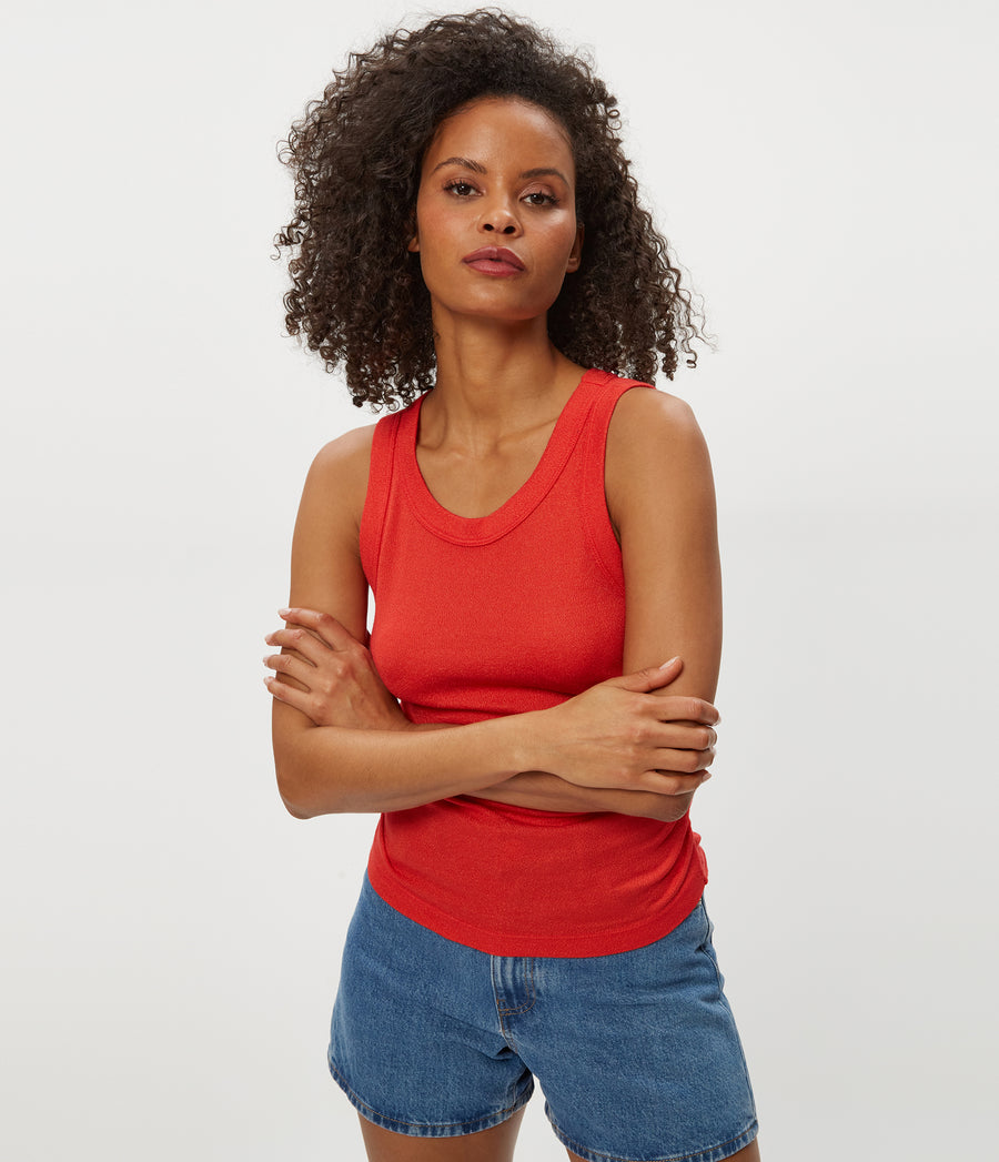 Ella Shine Tank in Pomodoro Red Close up View #POMODORO