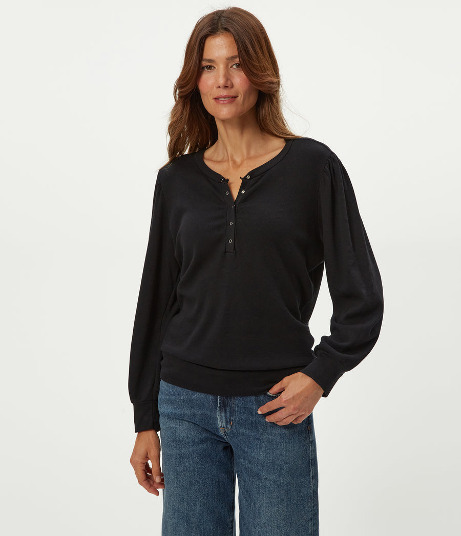 Sophy Thermal Henley in Black Close up View #BLACK
