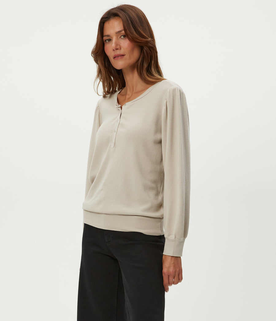 Sophy Thermal Henley in  Cement  Beige Side View #CEMENT