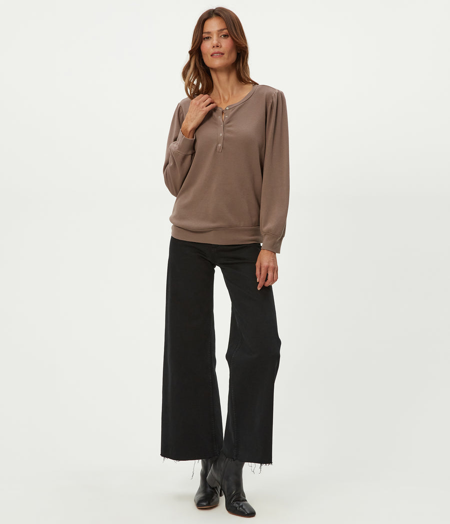 Sophy Thermal Henley in Cobblestone Brown Full Body View #COBBLESTONE