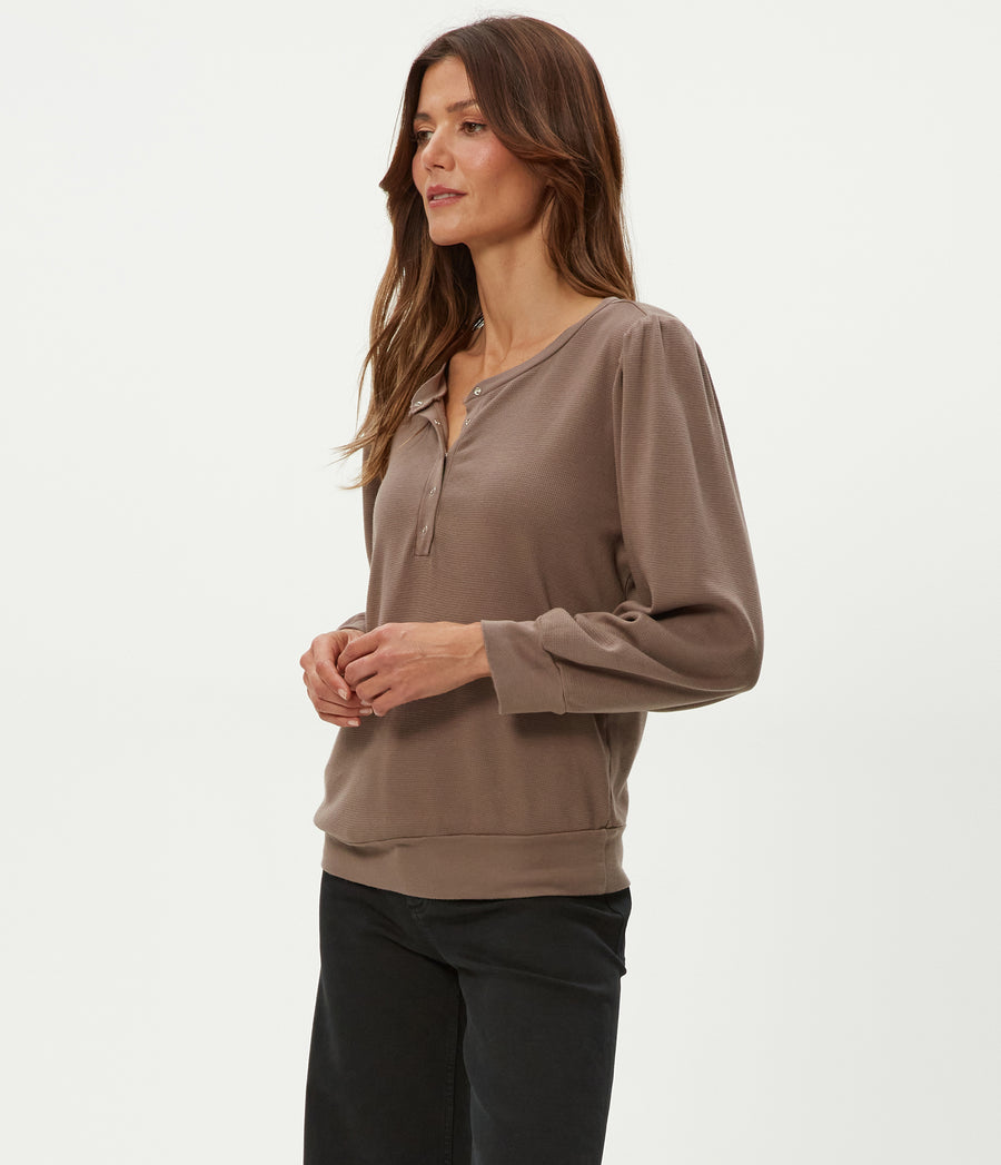 Sophy Thermal Henley in Cobblestone Brown Side View #COBBLESTONE
