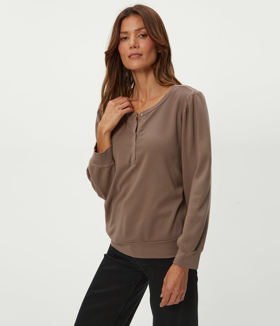Sophy Thermal Henley in Cobblestone Brown Close Up View #COBBLESTONE