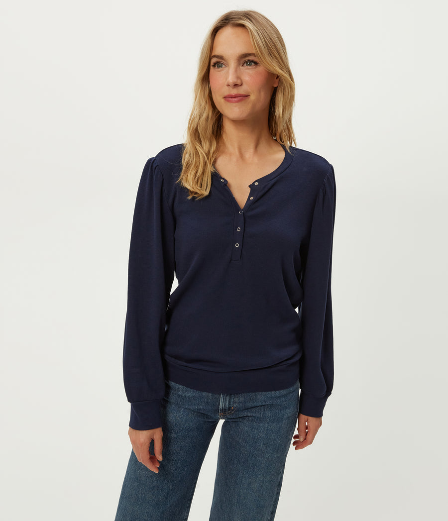 Sophy Thermal Henley in Nocturnal Blue Close Up View #NOCTURNAL