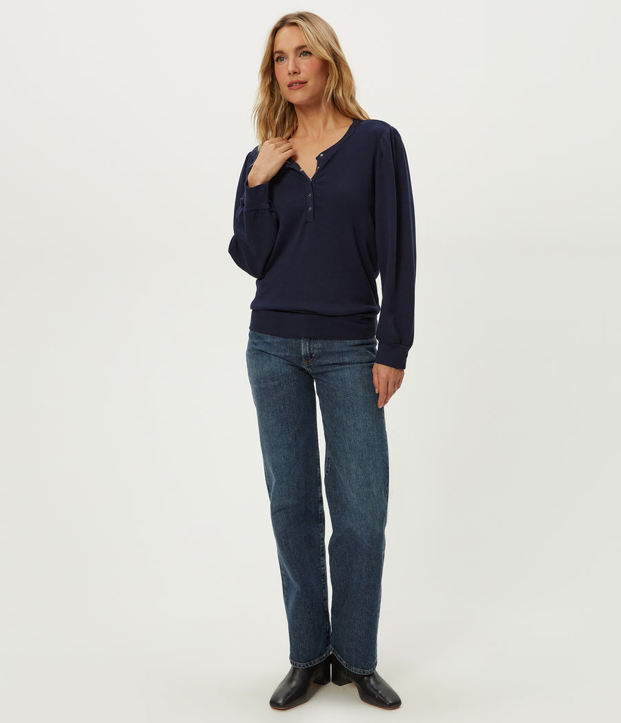 Sophy Thermal Henley in Nocturnal Blue Full Body View #NOCTURNAL