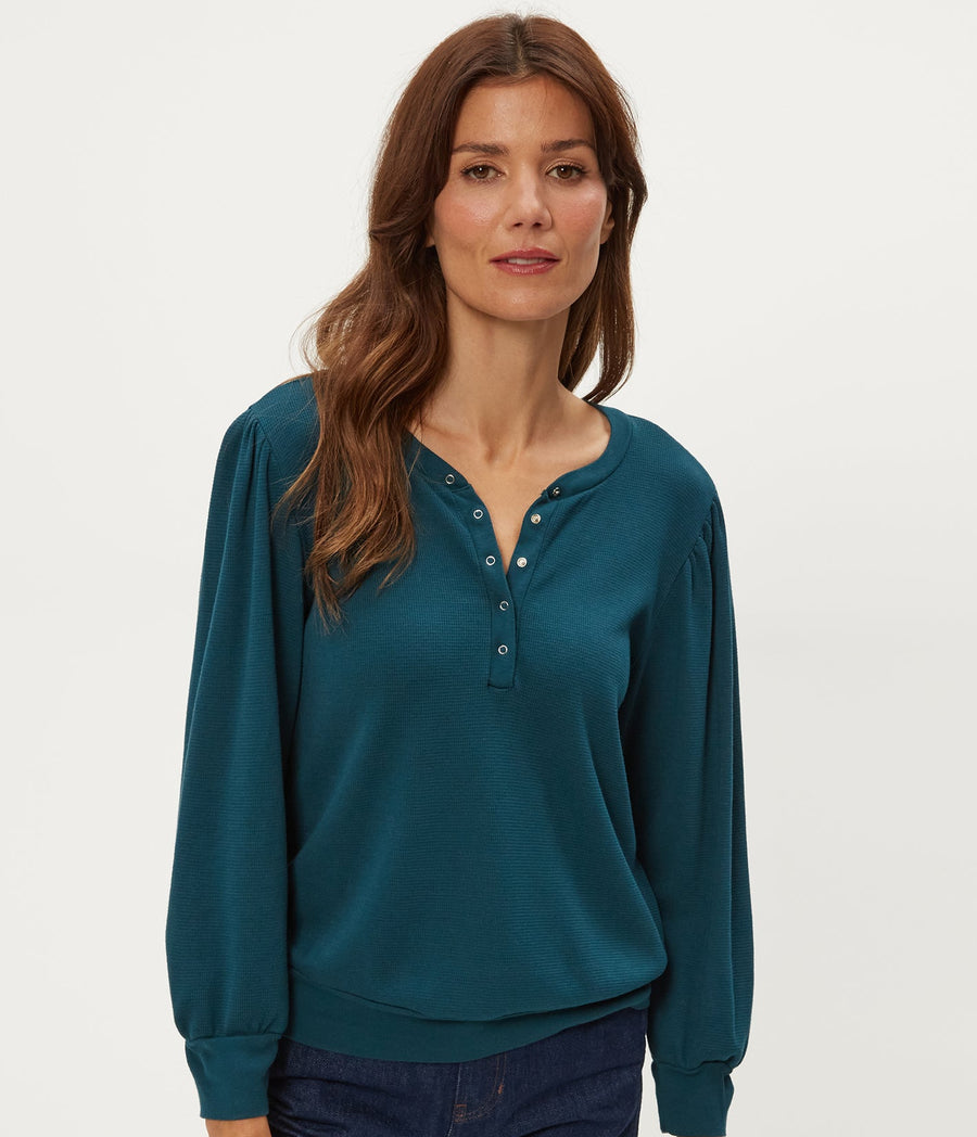 Sophy Thermal Henley in RAINFOREST BLUE Combo Close up View #RAINFOREST