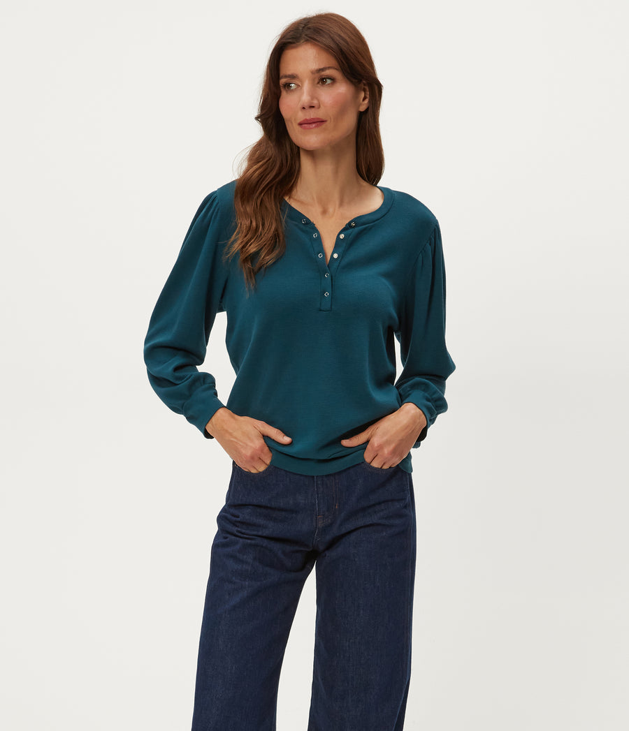 Sophy Thermal Henley in RAINFOREST BLUE Combo Full Body View #RAINFOREST