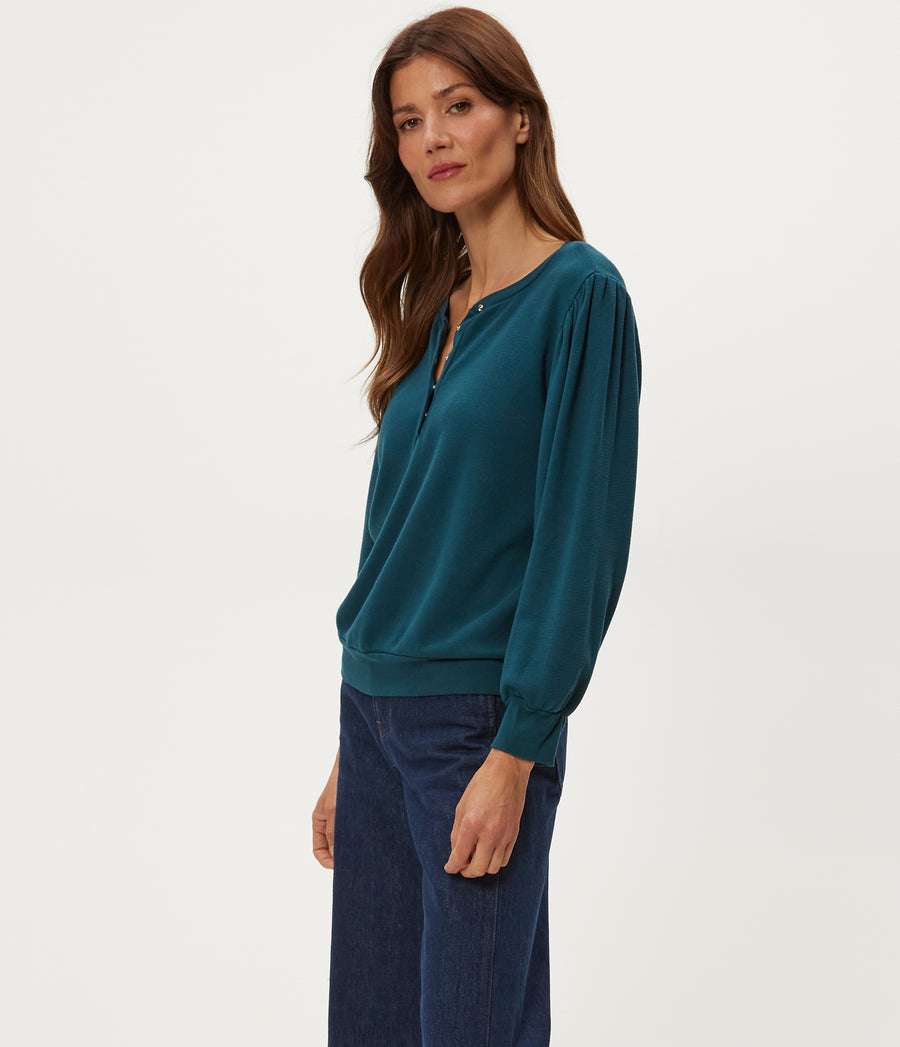 Sophy Thermal Henley in RAINFOREST BLUE Combo Side View #RAINFOREST
