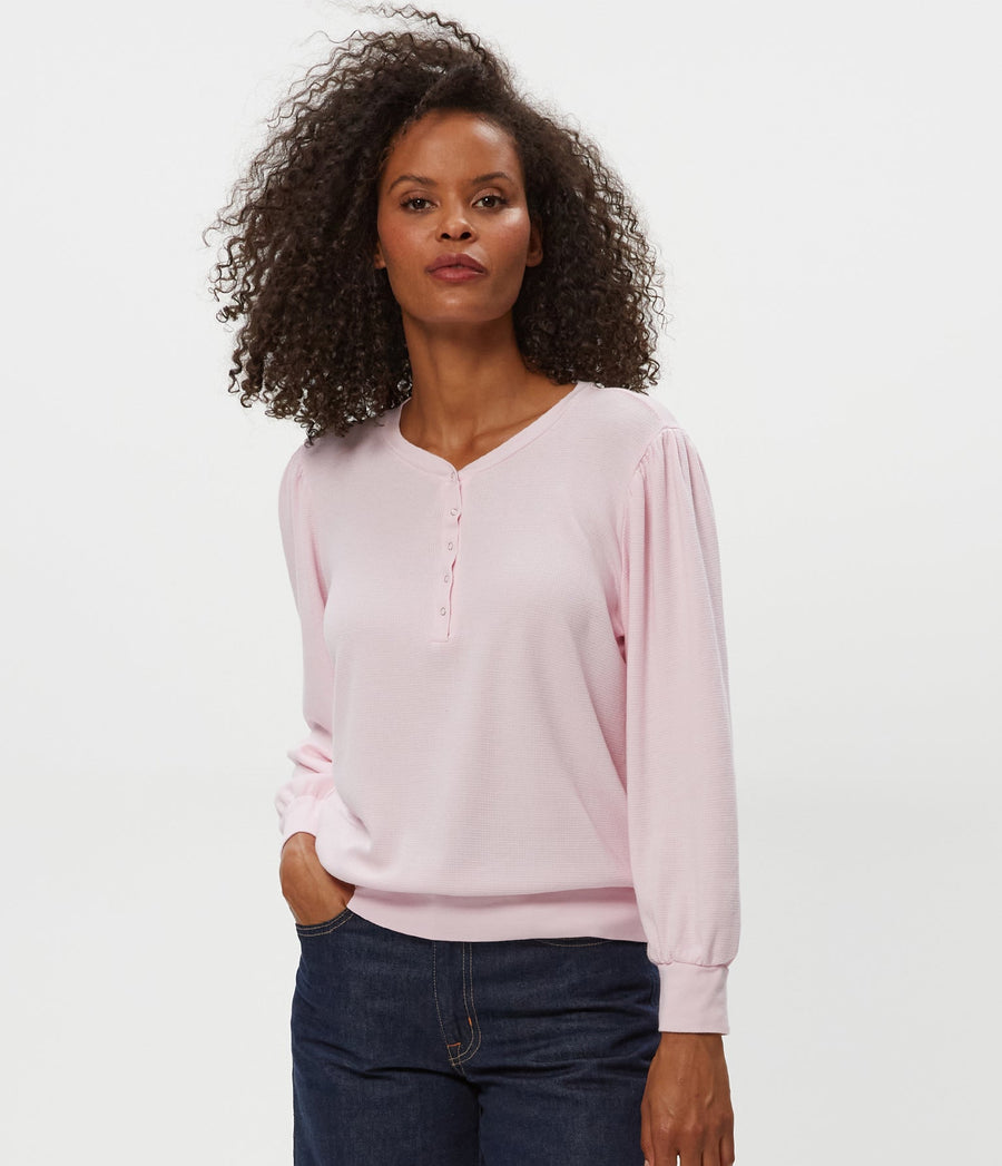 Sophy Thermal Henley in Rosewater Pink Close up View #ROSEWATER