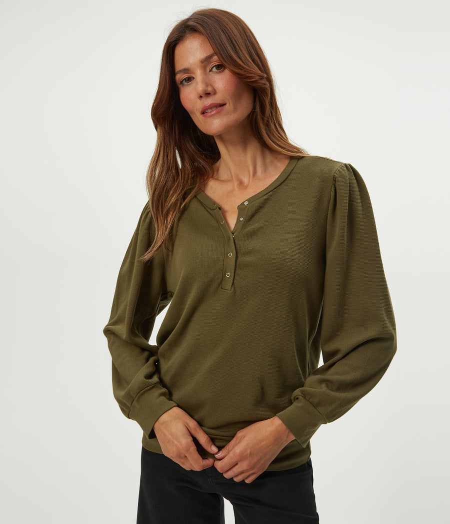 Sophy Thermal Henley in TOPIARY GREEN  Close up View #TOPIARY