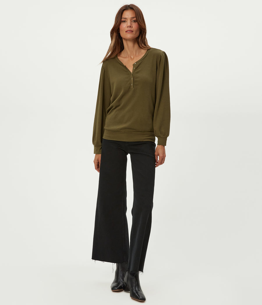 Sophy Thermal Henley in TOPIARY GREEN Full Body View #TOPIARY