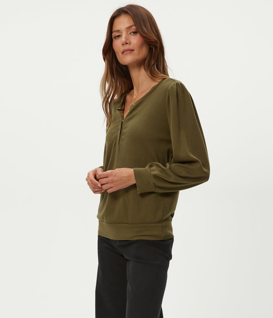 Sophy Thermal Henley in TOPIARY GREEN Side View #TOPIARY