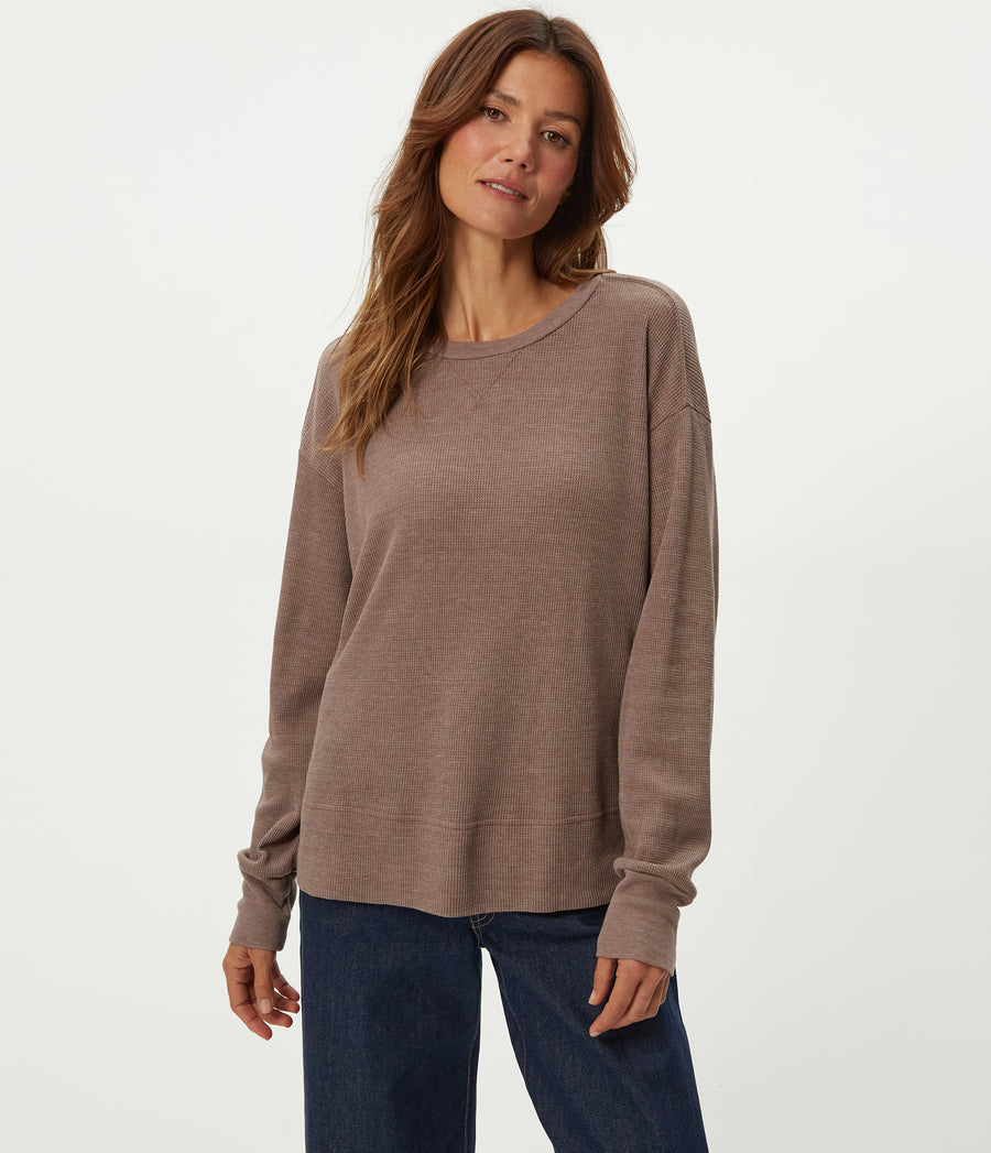 Keri Thermal Pullover in Cobblestone Brown Close Up View #COBBLESTONE