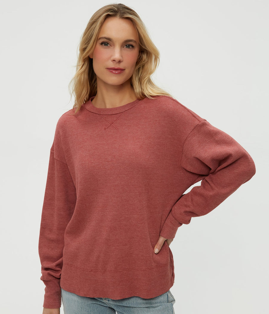 Keri Thermal Pullover in MUSE ORANGE Combo Close up View #MUSE