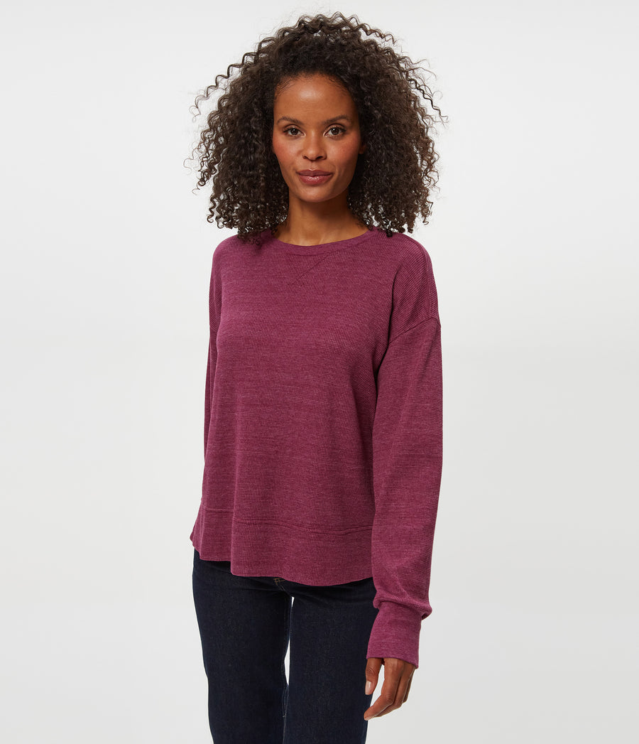 Keri Thermal Pullover in RUBY RED Combo Close up View #RUBY