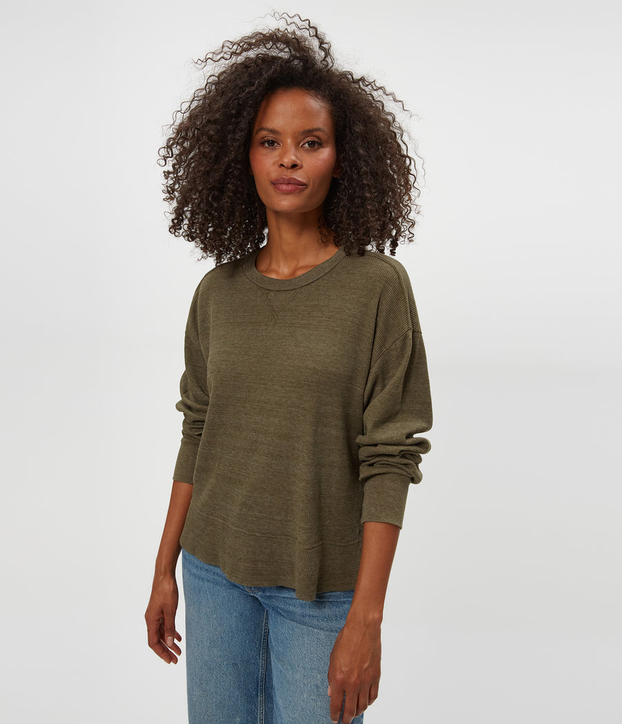Keri Thermal Pullover in TOPIARY GREEN  Close up View #TOPIARY