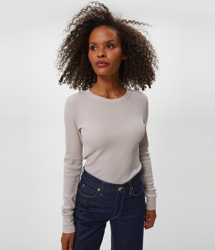 Juliet Thermal Tee in Cement Beige Close up View #CEMENT