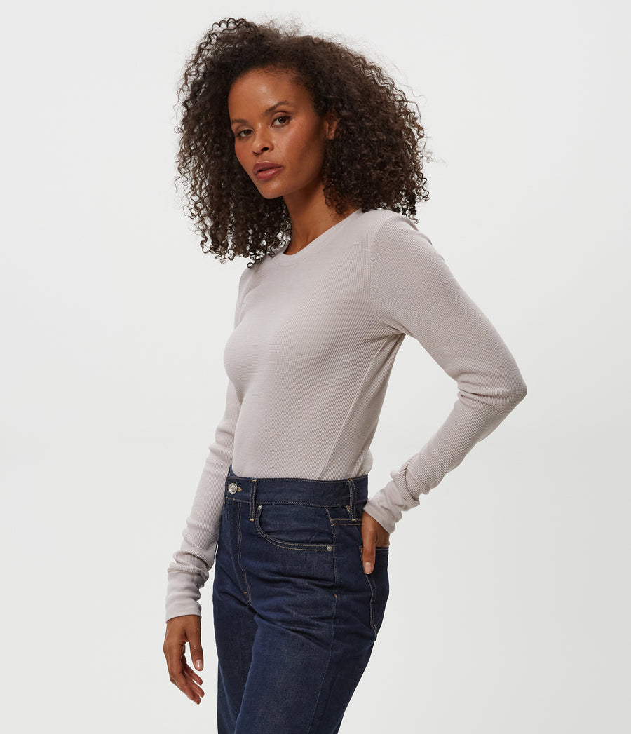 Juliet Thermal Tee in Cement Beige Side View #CEMENT