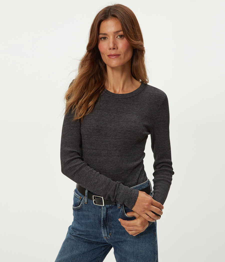 Juliet Thermal Tee in Charcoal Grey Close Up View #CHARCOAL