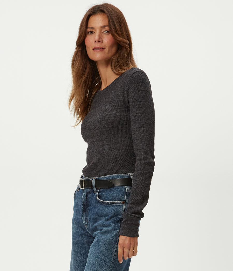 Juliet Thermal Tee in Charcoal Grey Full Body View #CHARCOAL