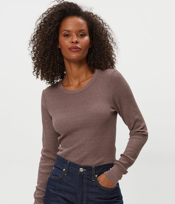 Juliet Thermal Tee in Cobblestone Brown Full Body View#COBBLESTONE