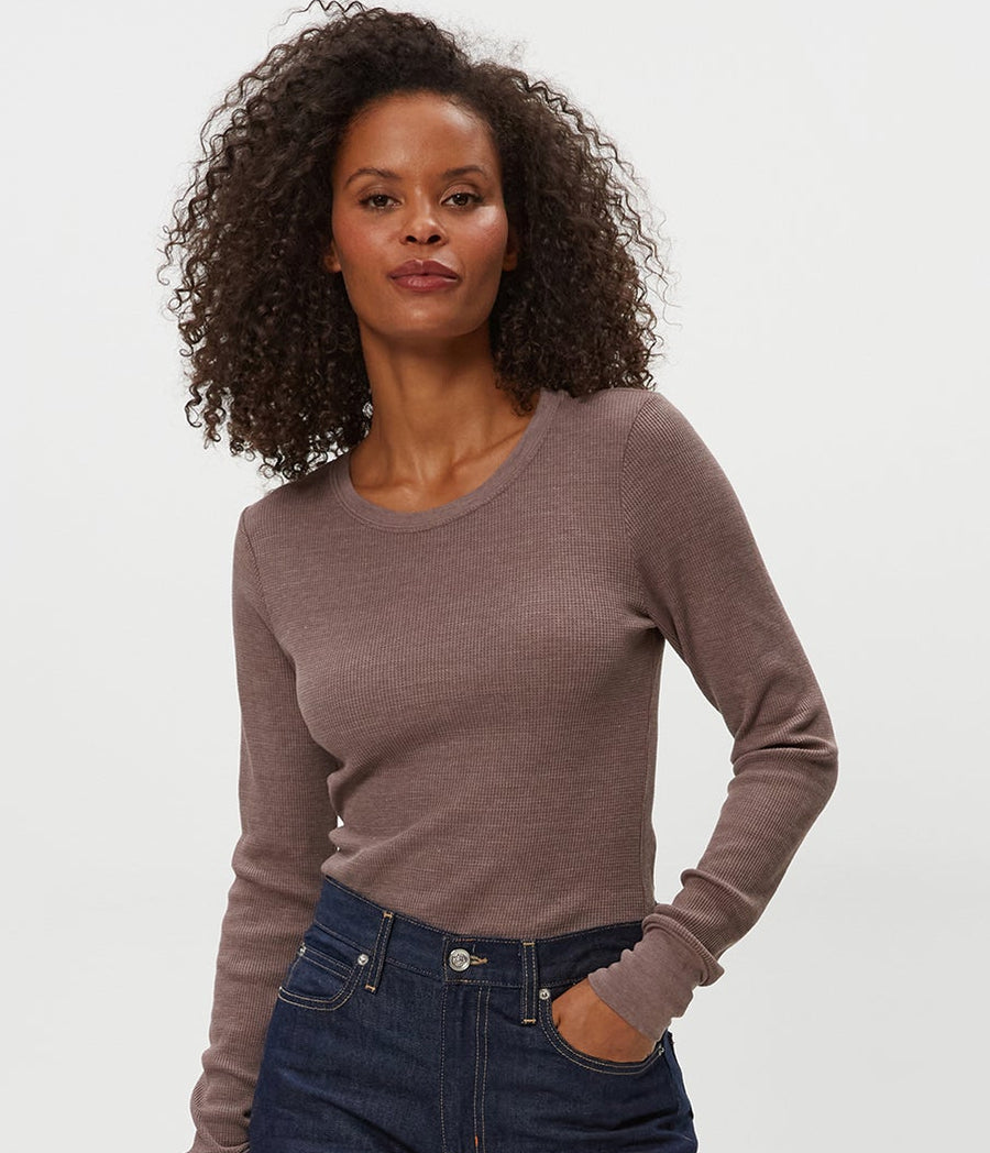 Juliet Thermal Tee in Cobblestone Brown Full Body View#COBBLESTONE