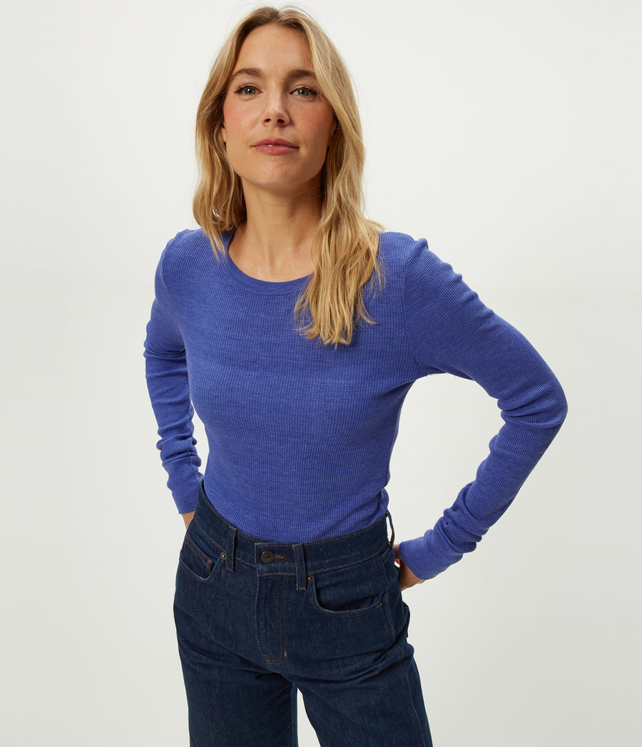 Juliet Thermal Tee in Lapis Blue Close Up View #LAPIS