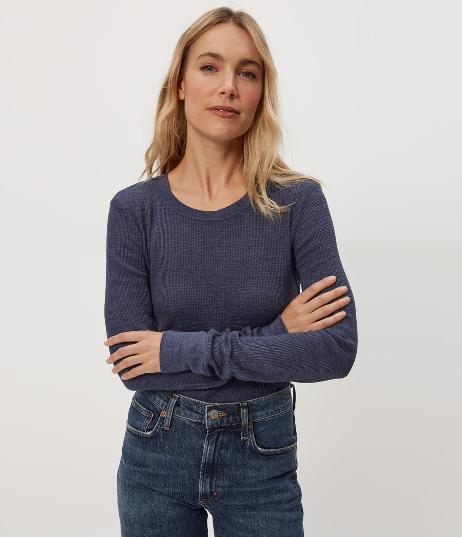 Juliet Thermal Tee in Nocturnal Blue Close Up View #NOCTURNAL