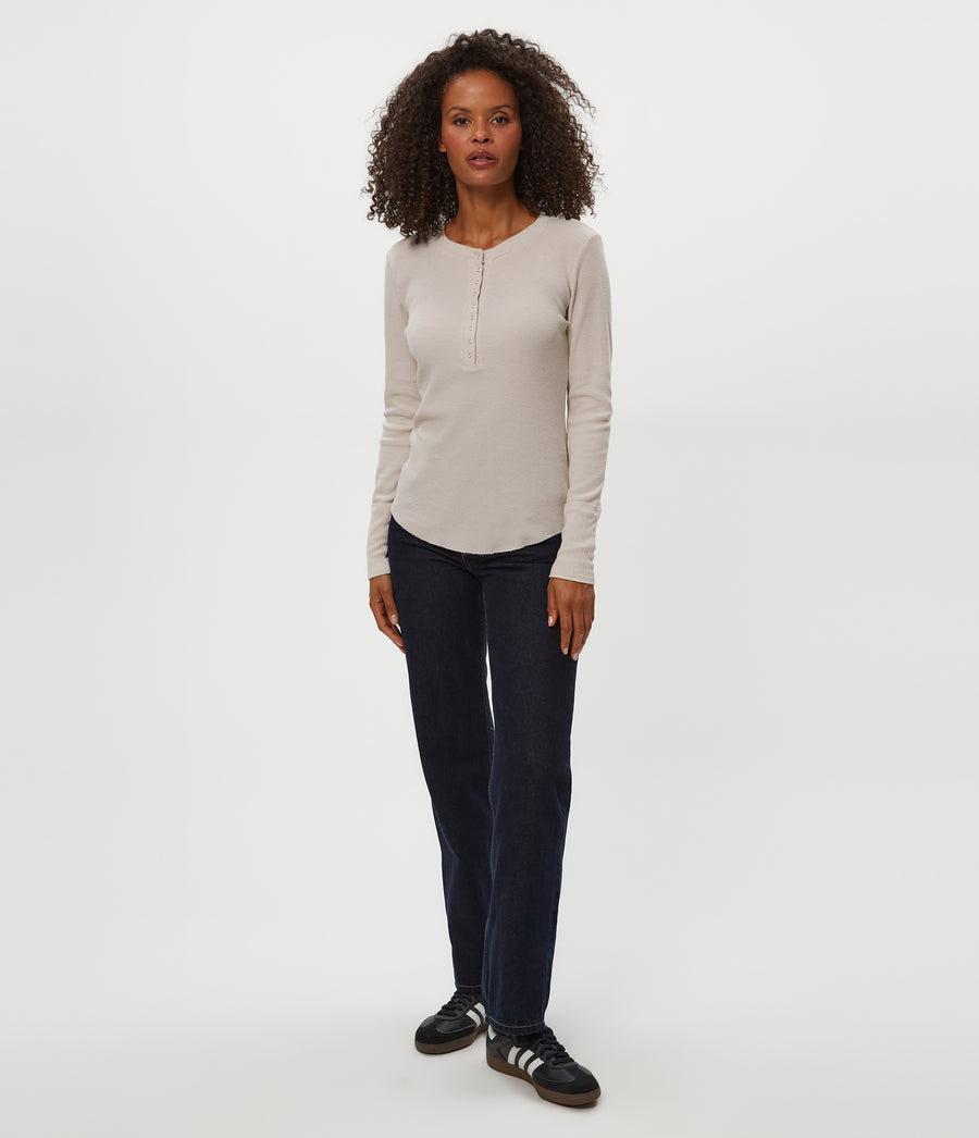 Regan Thermal Henley Tee in Cement Beige Full Body View #CEMENT