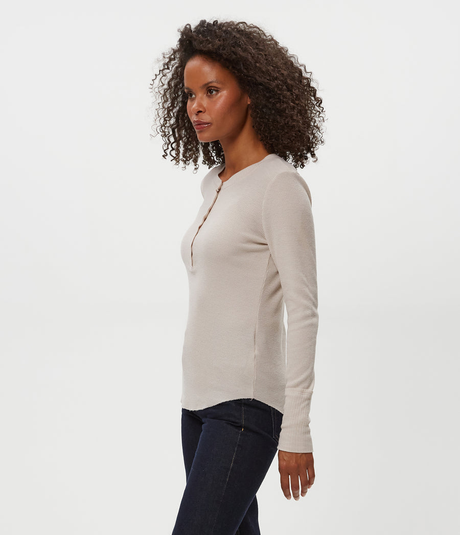 Regan Thermal Henley Tee in Cement Beige Side View #CEMENT
