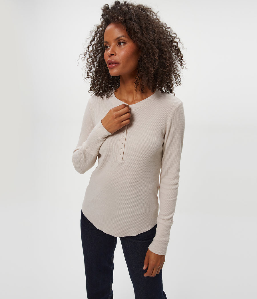 Regan Thermal Henley Tee in Cement Beige Back View #CEMENT