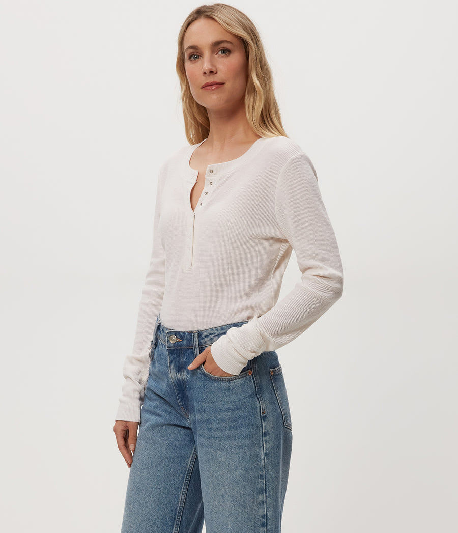 Regan Thermal Henley Tee in Chalk White Full Body View #CHALK