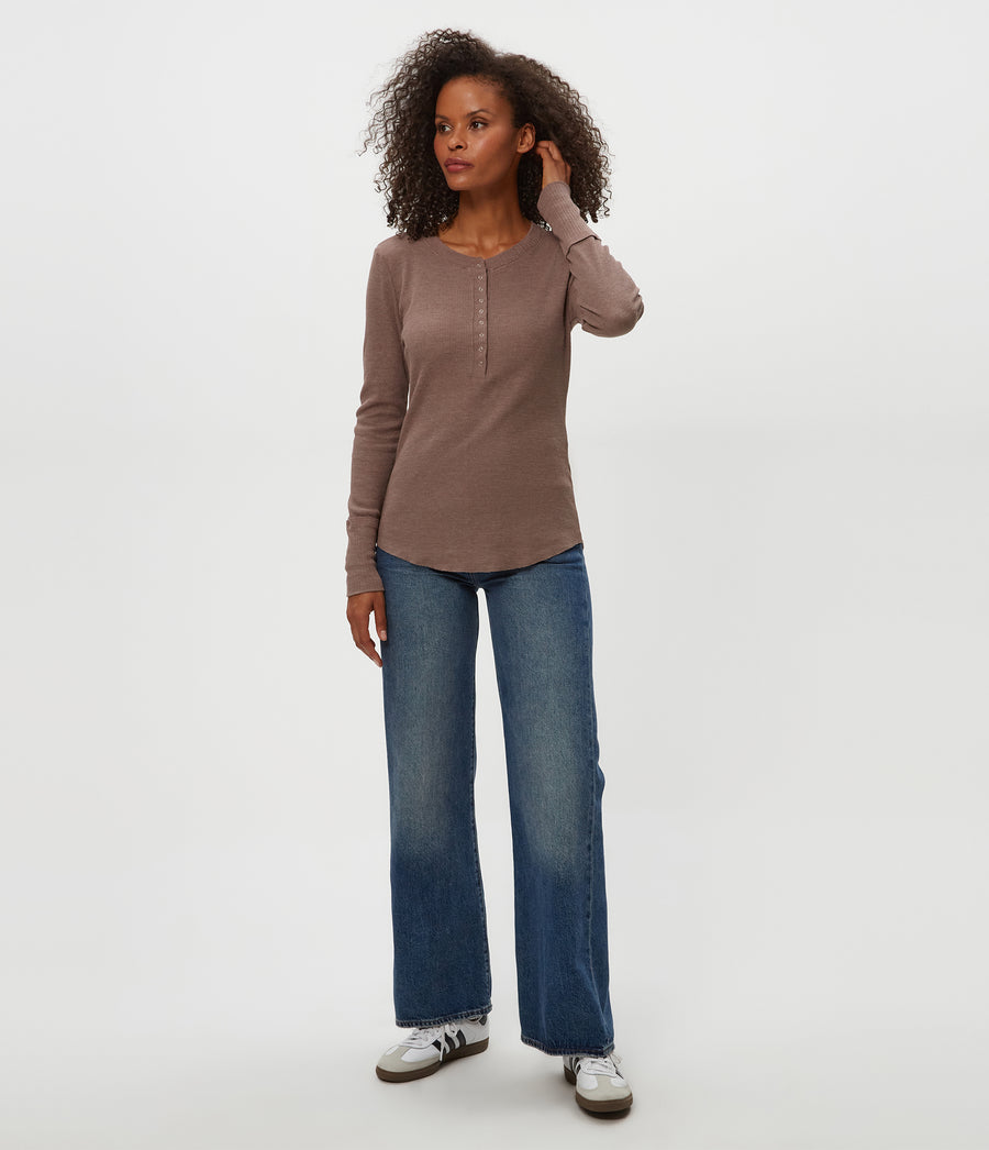 Regan Thermal Henley Tee in Cobblestone Brown Full Body View #COBBLESTONE
