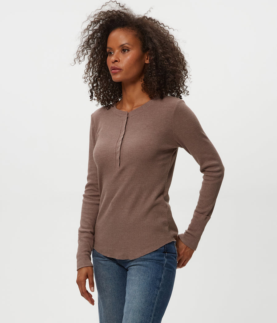 Regan Thermal Henley Tee in Cobblestone Brown Side View #COBBLESTONE